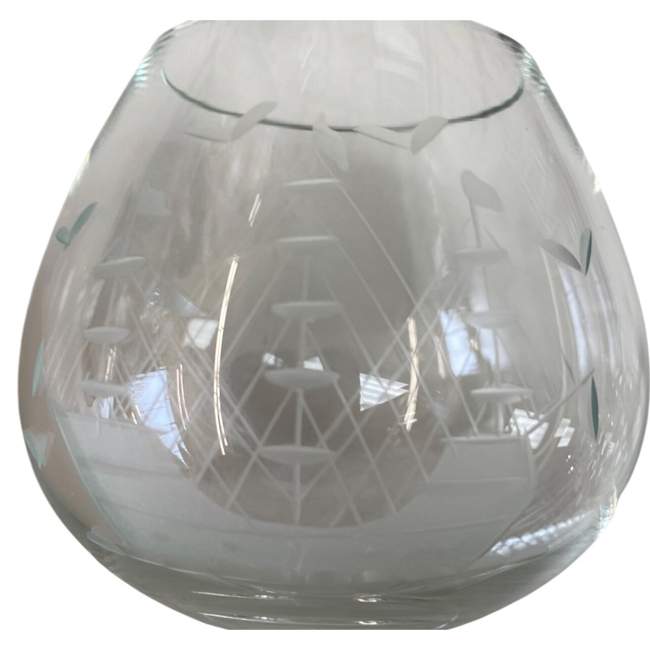 Etched Glass Brandy Snifter Set Of 4 With Sailboat Design