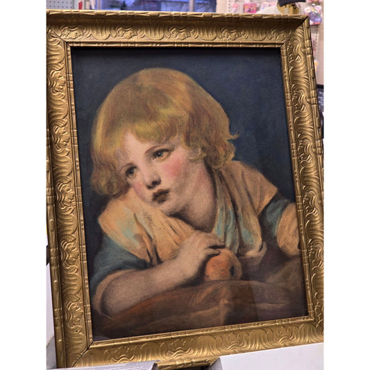 Antique Framed Portrait Young Child With Apple In Gold Gilded Ornate Frame 16"x20" Under Glass