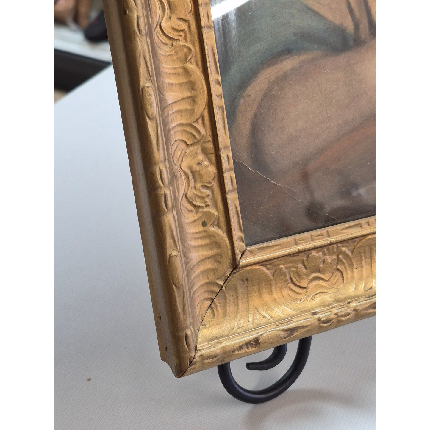 Antique Framed Portrait Young Child With Apple In Gold Gilded Ornate Frame 16"x20" Under Glass