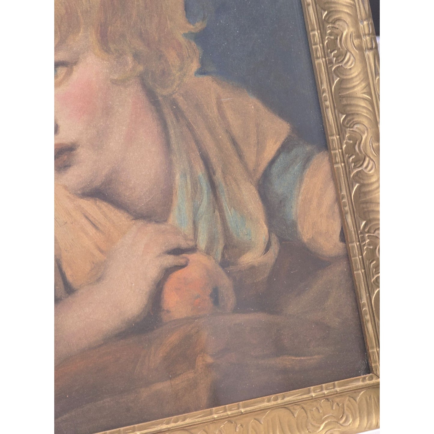 Antique Framed Portrait Young Child With Apple In Gold Gilded Ornate Frame 16"x20" Under Glass