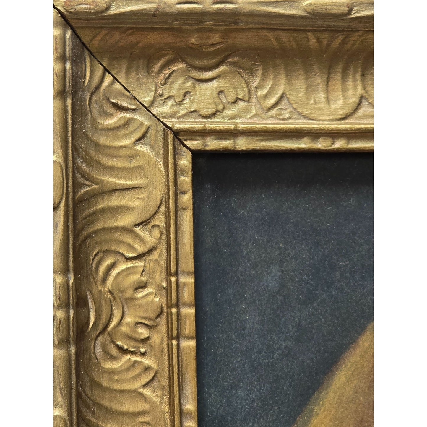 Antique Framed Portrait Young Child With Apple In Gold Gilded Ornate Frame 16"x20" Under Glass