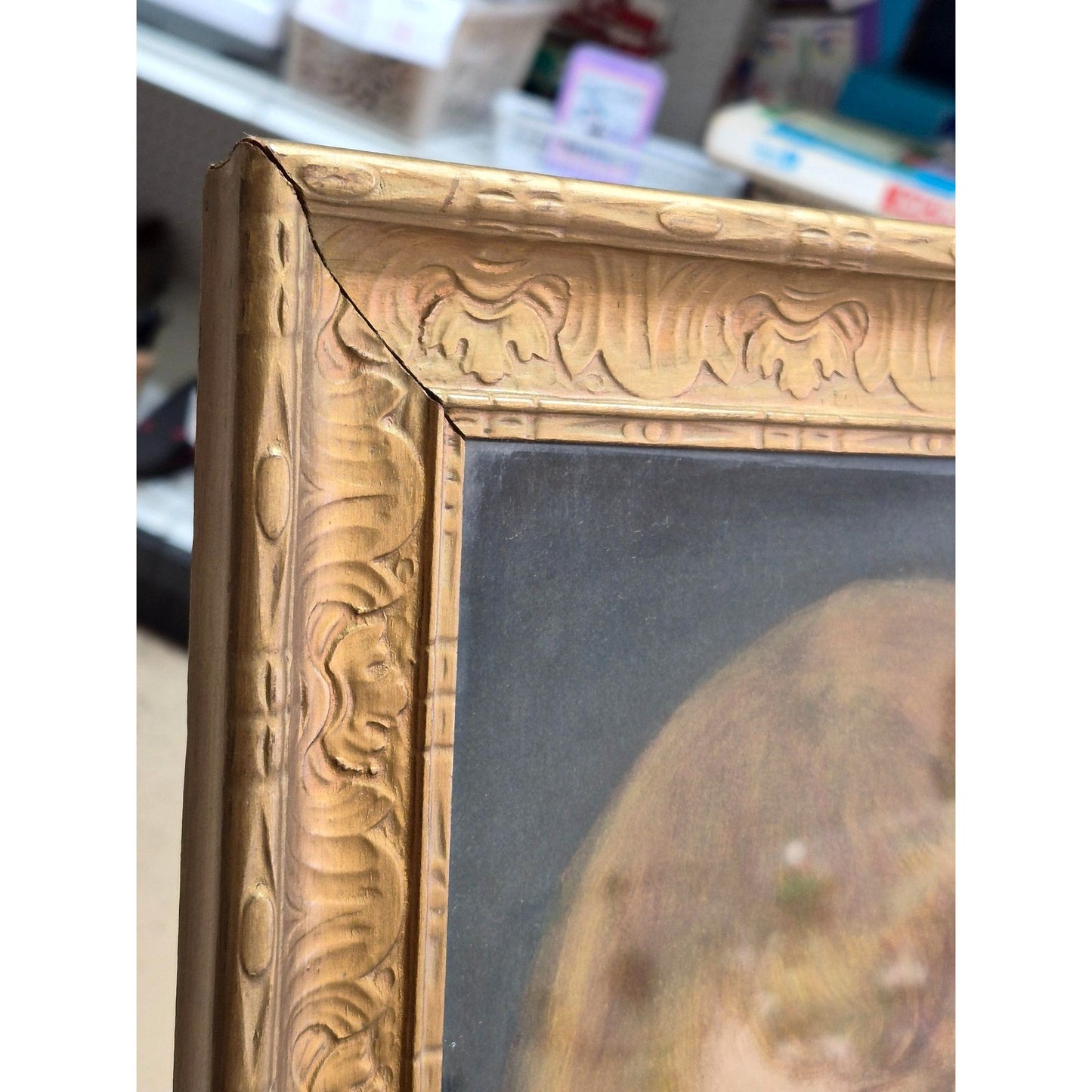 Antique Framed Portrait Young Child With Apple In Gold Gilded Ornate Frame 16"x20" Under Glass