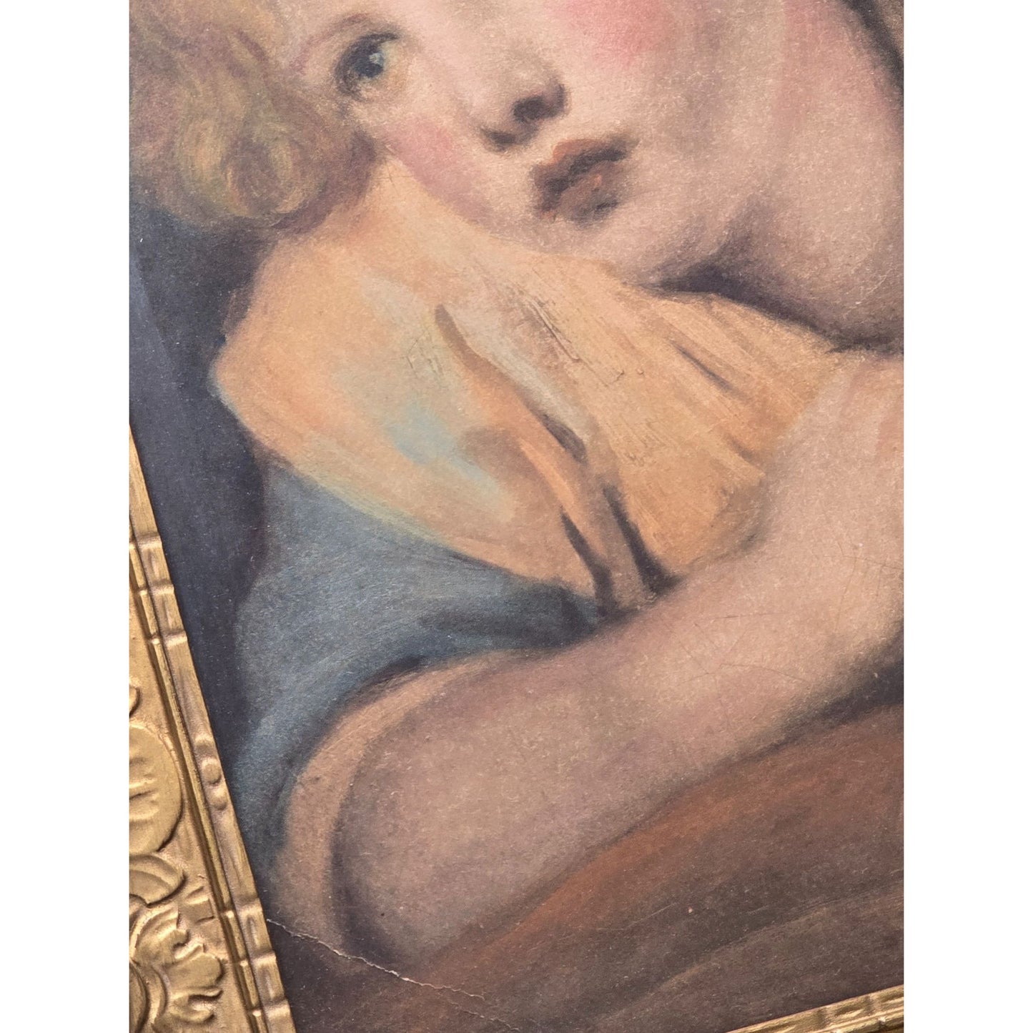 Antique Framed Portrait Young Child With Apple In Gold Gilded Ornate Frame 16"x20" Under Glass