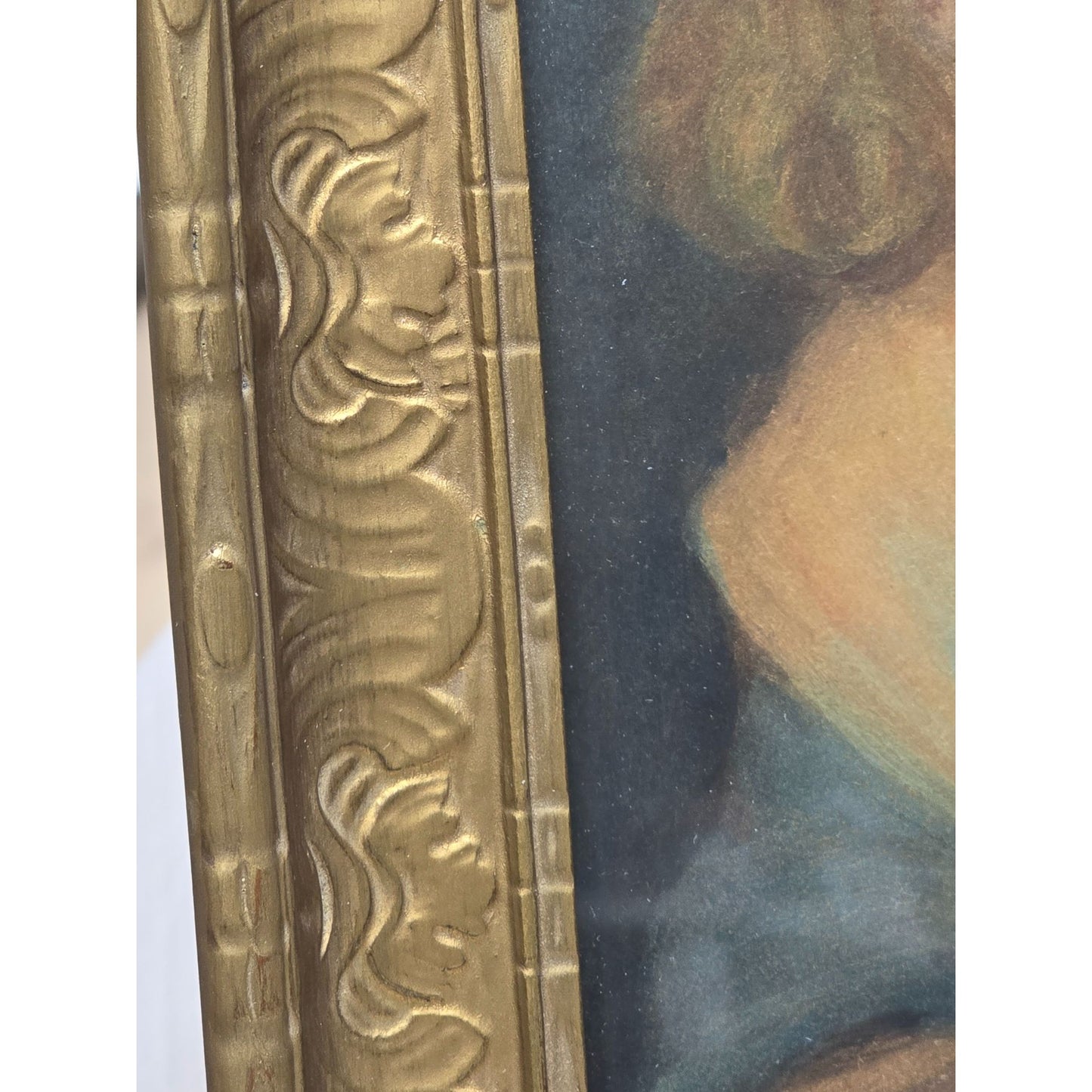 Antique Framed Portrait Young Child With Apple In Gold Gilded Ornate Frame 16"x20" Under Glass