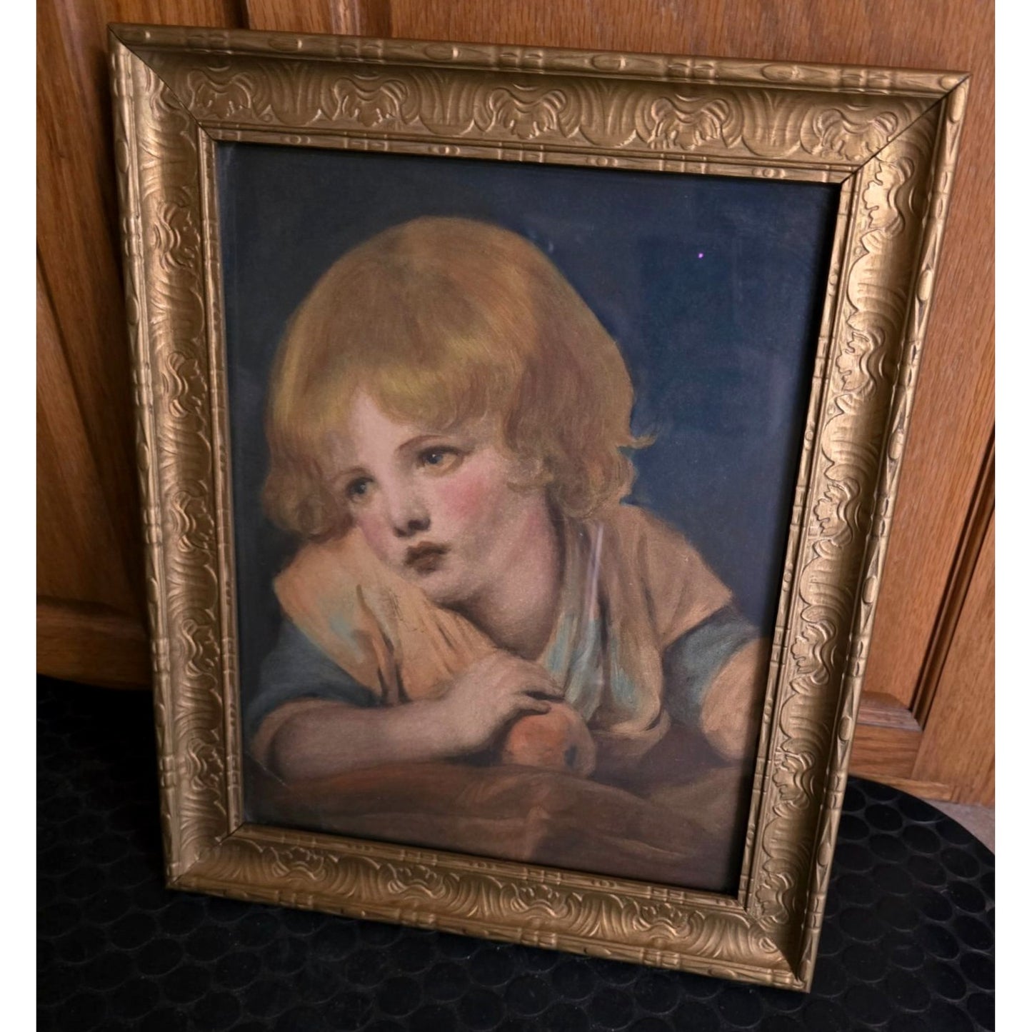 Antique Framed Portrait Young Child With Apple In Gold Gilded Ornate Frame 16"x20" Under Glass