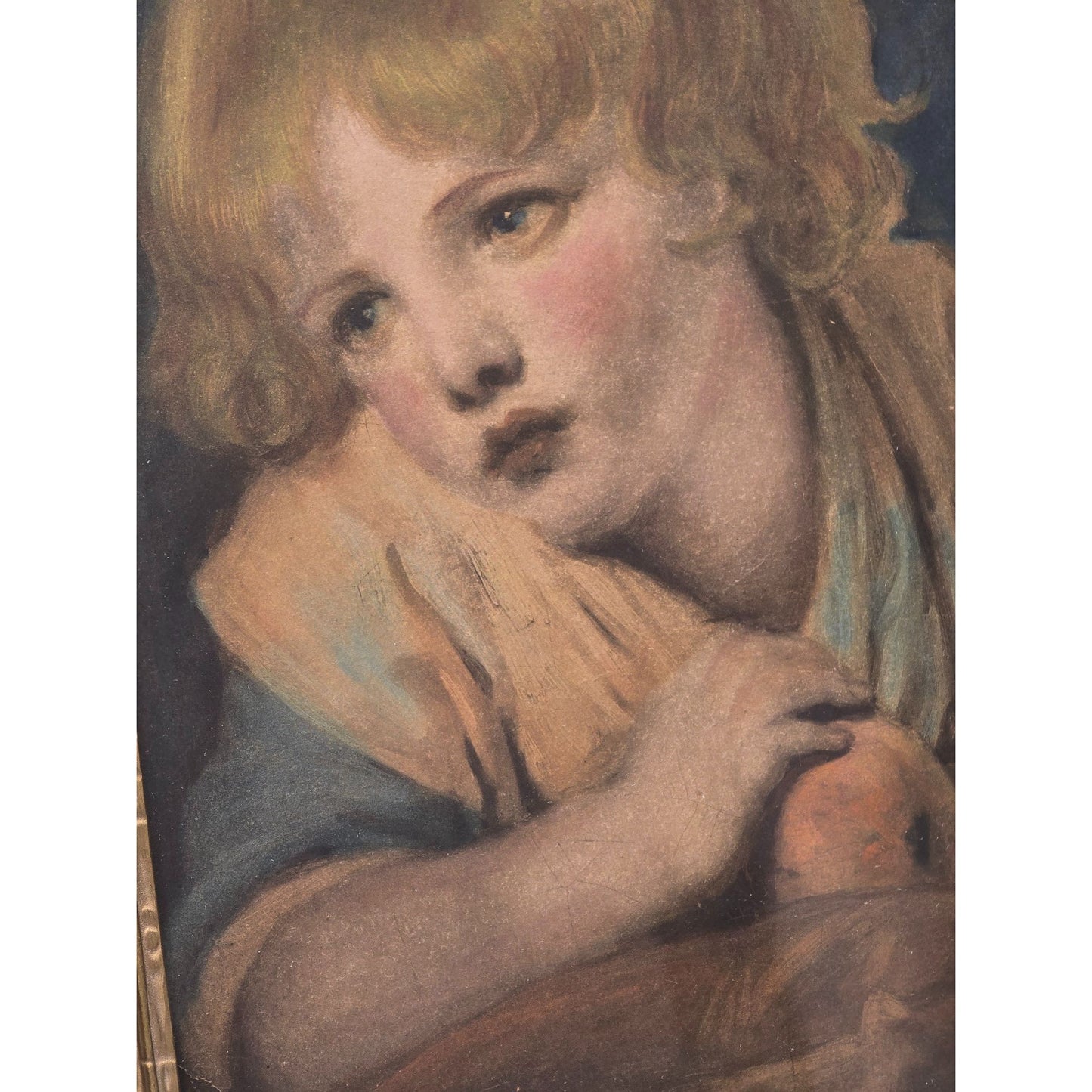 Antique Framed Portrait Young Child With Apple In Gold Gilded Ornate Frame 16"x20" Under Glass