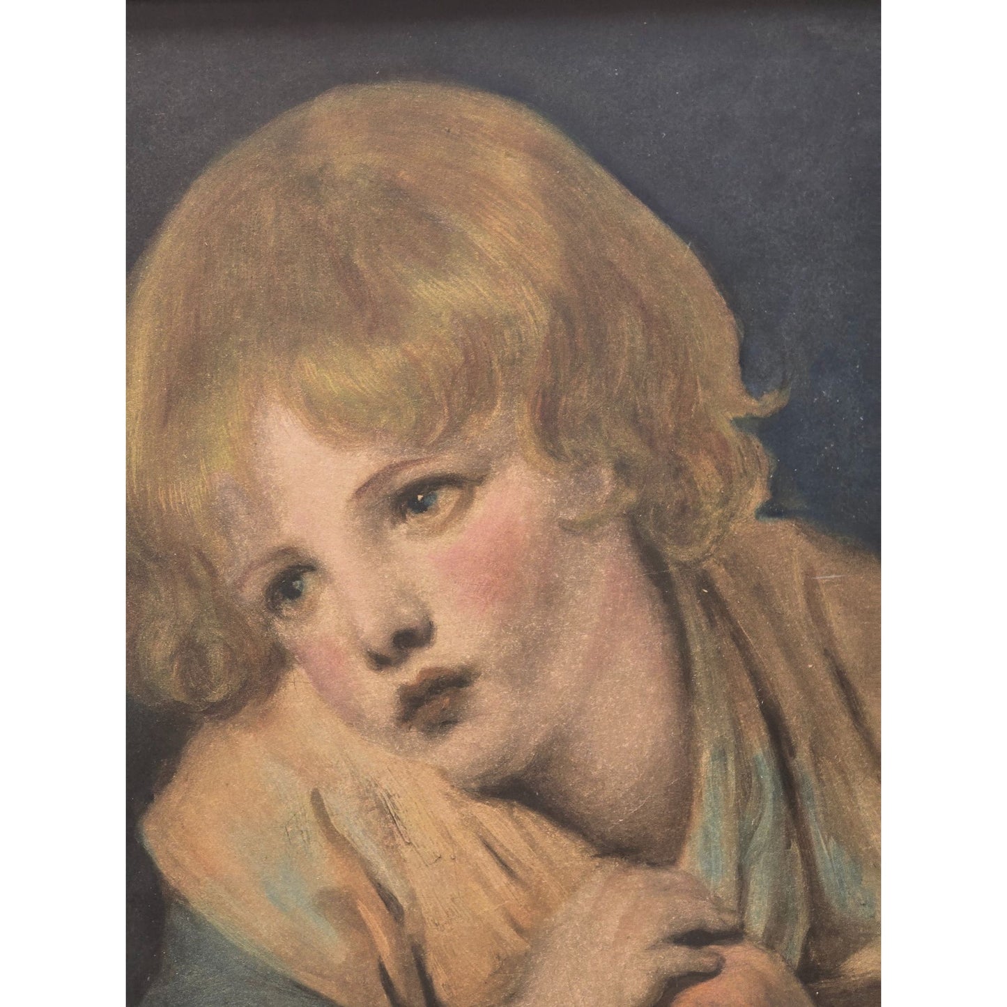 Antique Framed Portrait Young Child With Apple In Gold Gilded Ornate Frame 16"x20" Under Glass