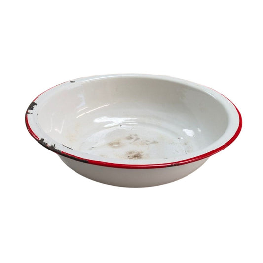 Vintage White Enamelware Basin Wash Dish Tub Red Trim 11" x 3"