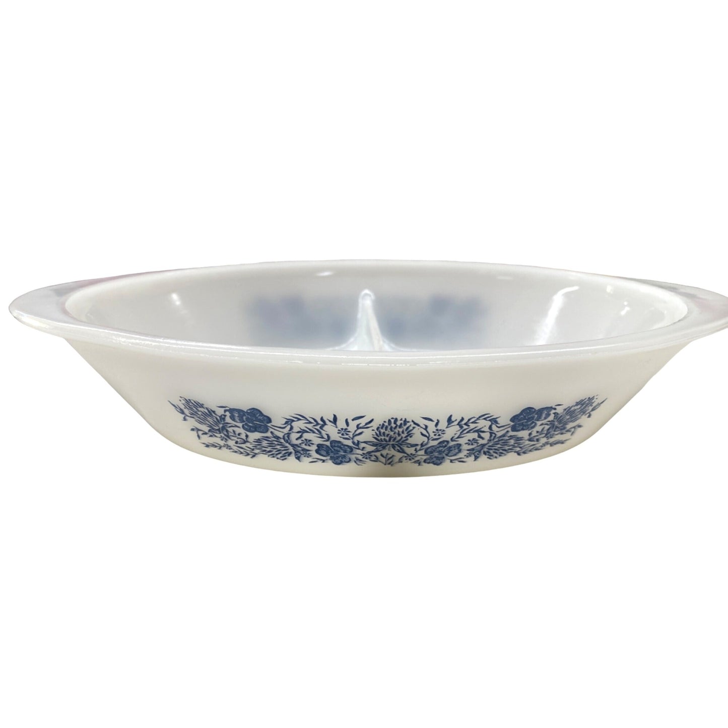 Vintage Glassbake Milk Glass Oval Divided Serving Dish 1.5 Qt White & Blue Floral Design