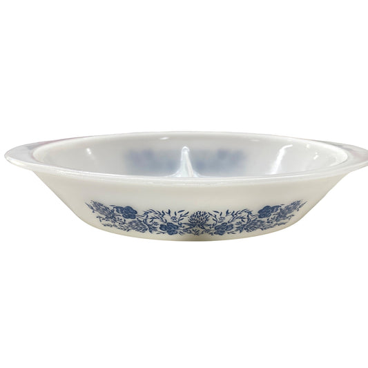 Vintage Glassbake Milk Glass Oval Divided Serving Dish 1.5 Qt White & Blue Floral Design