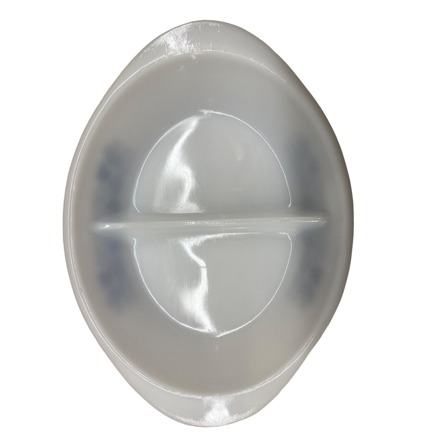 Vintage Glassbake Milk Glass Oval Divided Serving Dish 1.5 Qt White & Blue Floral Design