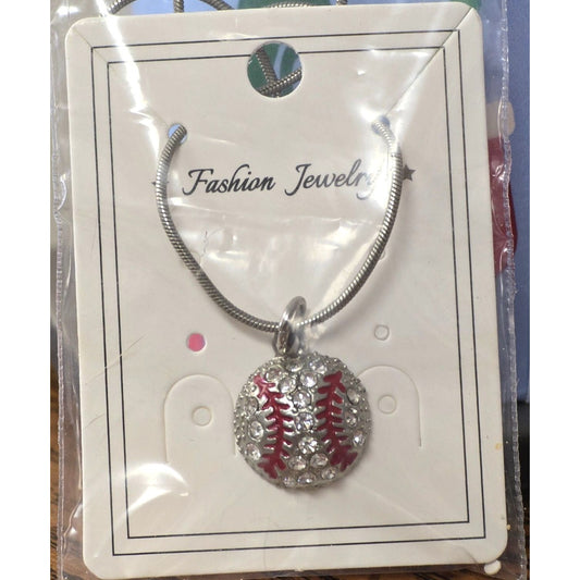Rhinestone Baseball Pendant Necklace Silver Tone Sports Jewelry Gift