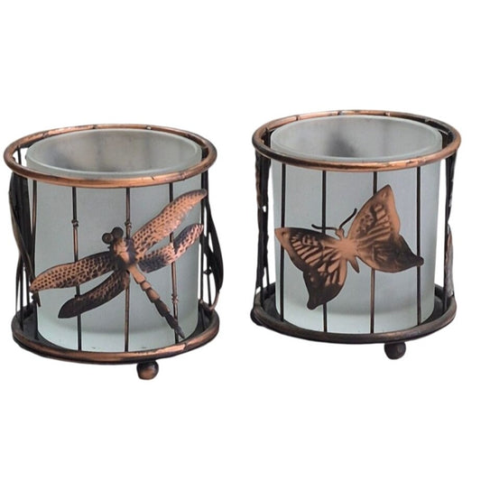 Vintage Copper Cage Candle Holder Set Dragonfly Bird Butterfly Frosted Votives