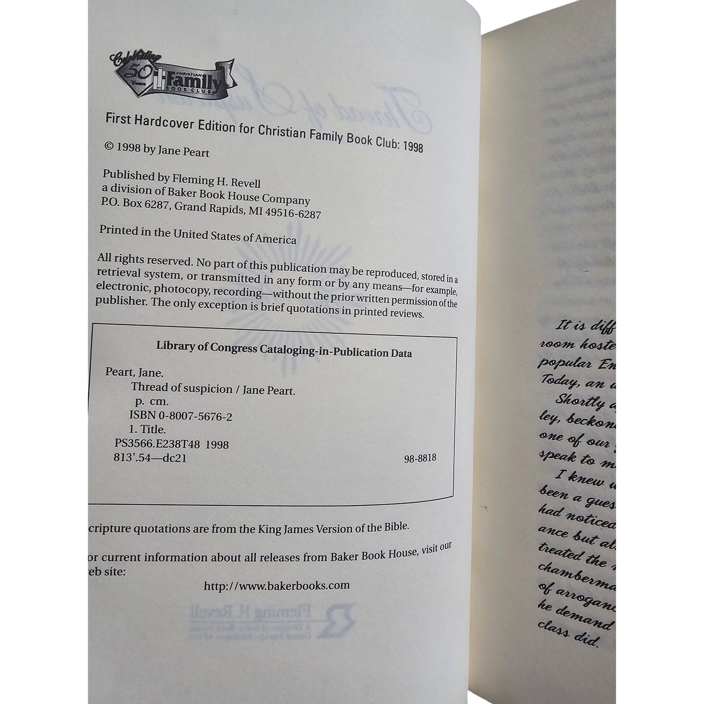 Thread Of Suspicion Hardcover Book By Jane Peart 1998 First Edition Christian Family Book Club