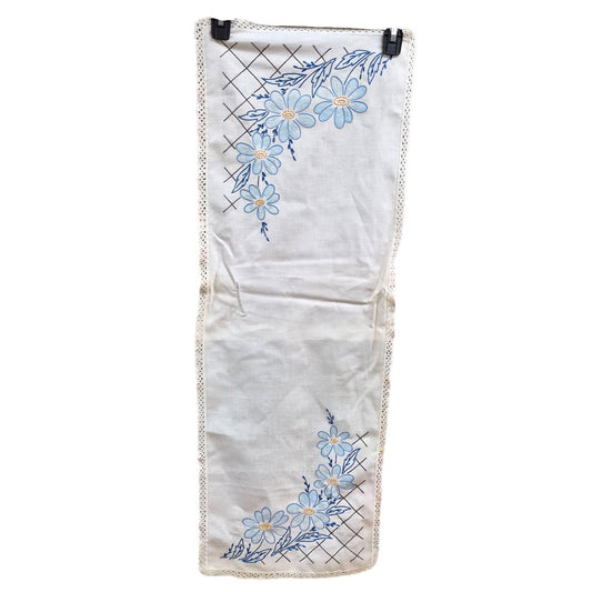 Vintage Embroidered Linen Dresser Scarf Floral Table Runner Blue Flowers & Lace Trim