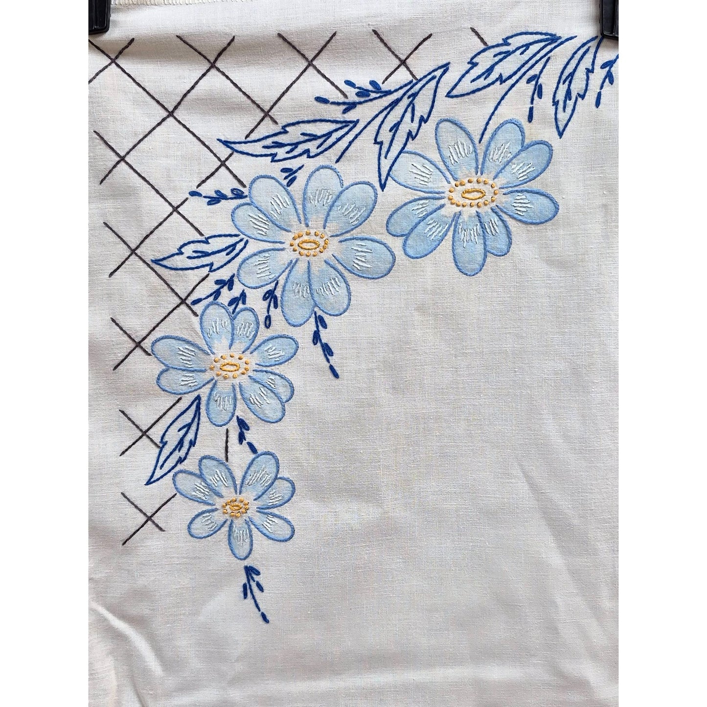 Vintage Embroidered Linen Dresser Scarf Floral Table Runner Blue Flowers & Lace Trim
