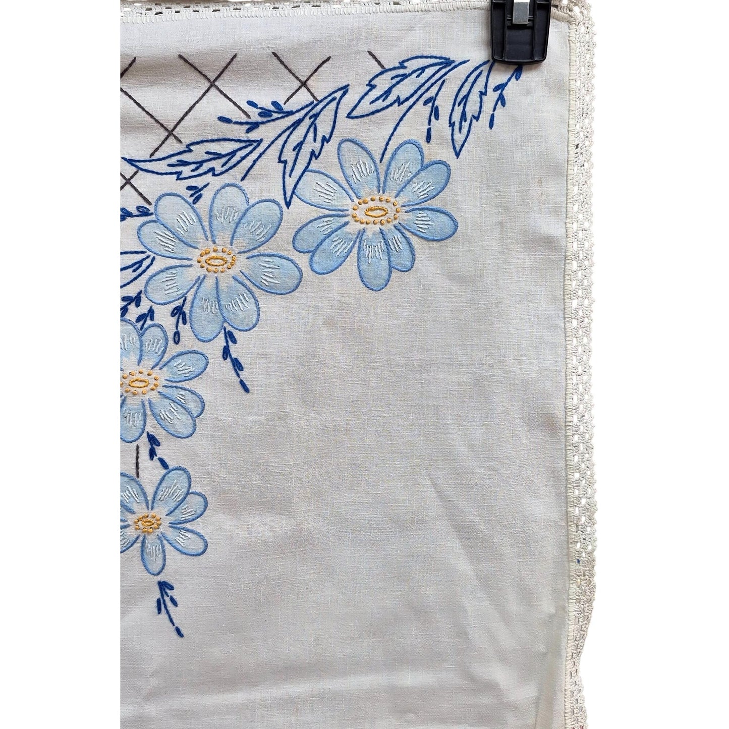 Vintage Embroidered Linen Dresser Scarf Floral Table Runner Blue Flowers & Lace Trim
