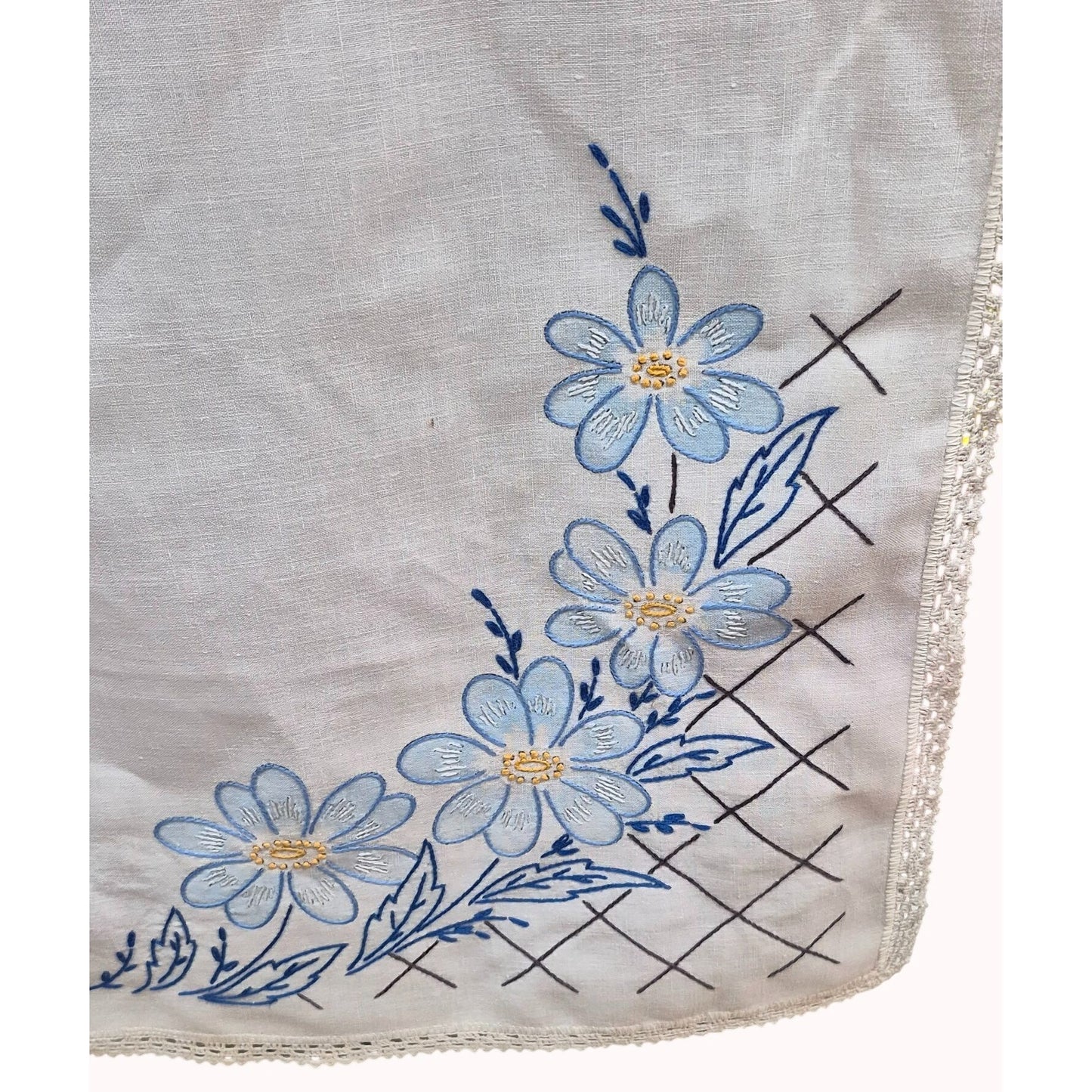 Vintage Embroidered Linen Dresser Scarf Floral Table Runner Blue Flowers & Lace Trim