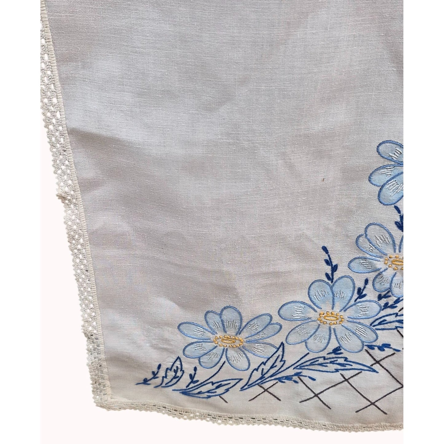 Vintage Embroidered Linen Dresser Scarf Floral Table Runner Blue Flowers & Lace Trim