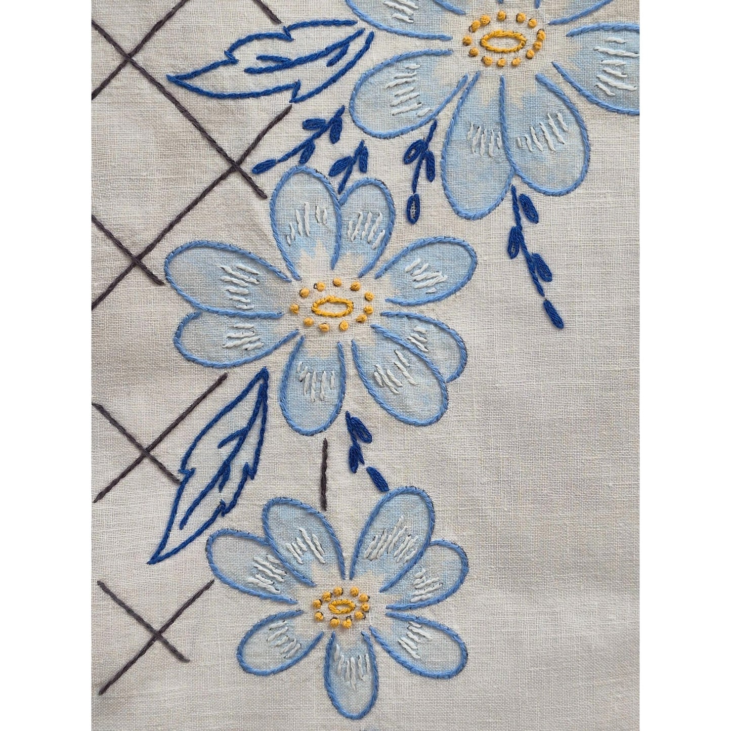 Vintage Embroidered Linen Dresser Scarf Floral Table Runner Blue Flowers & Lace Trim