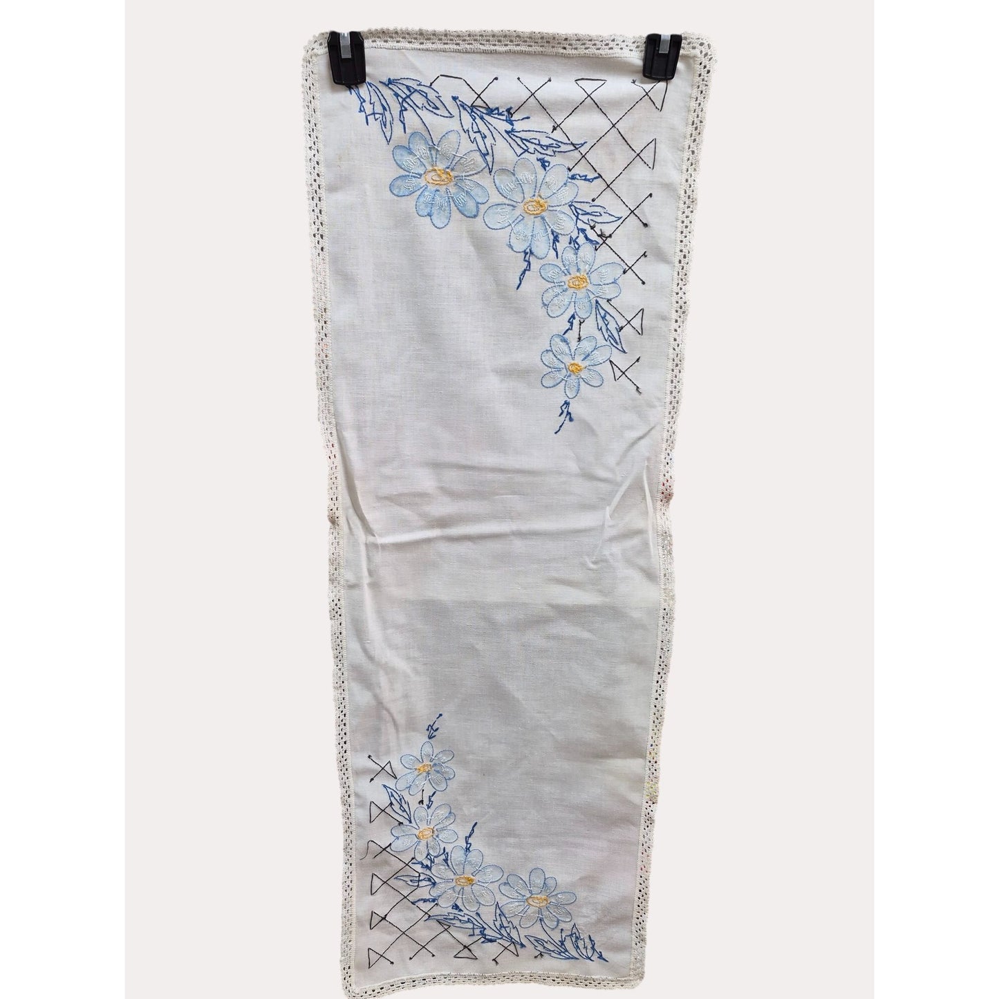 Vintage Embroidered Linen Dresser Scarf Floral Table Runner Blue Flowers & Lace Trim