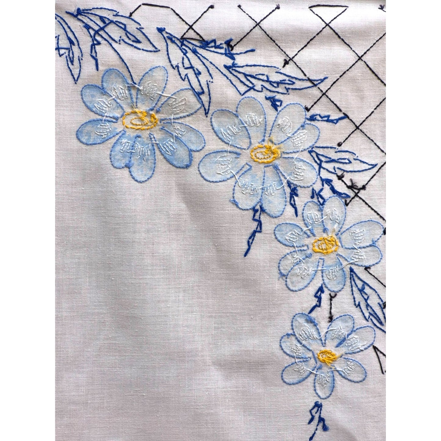 Vintage Embroidered Linen Dresser Scarf Floral Table Runner Blue Flowers & Lace Trim