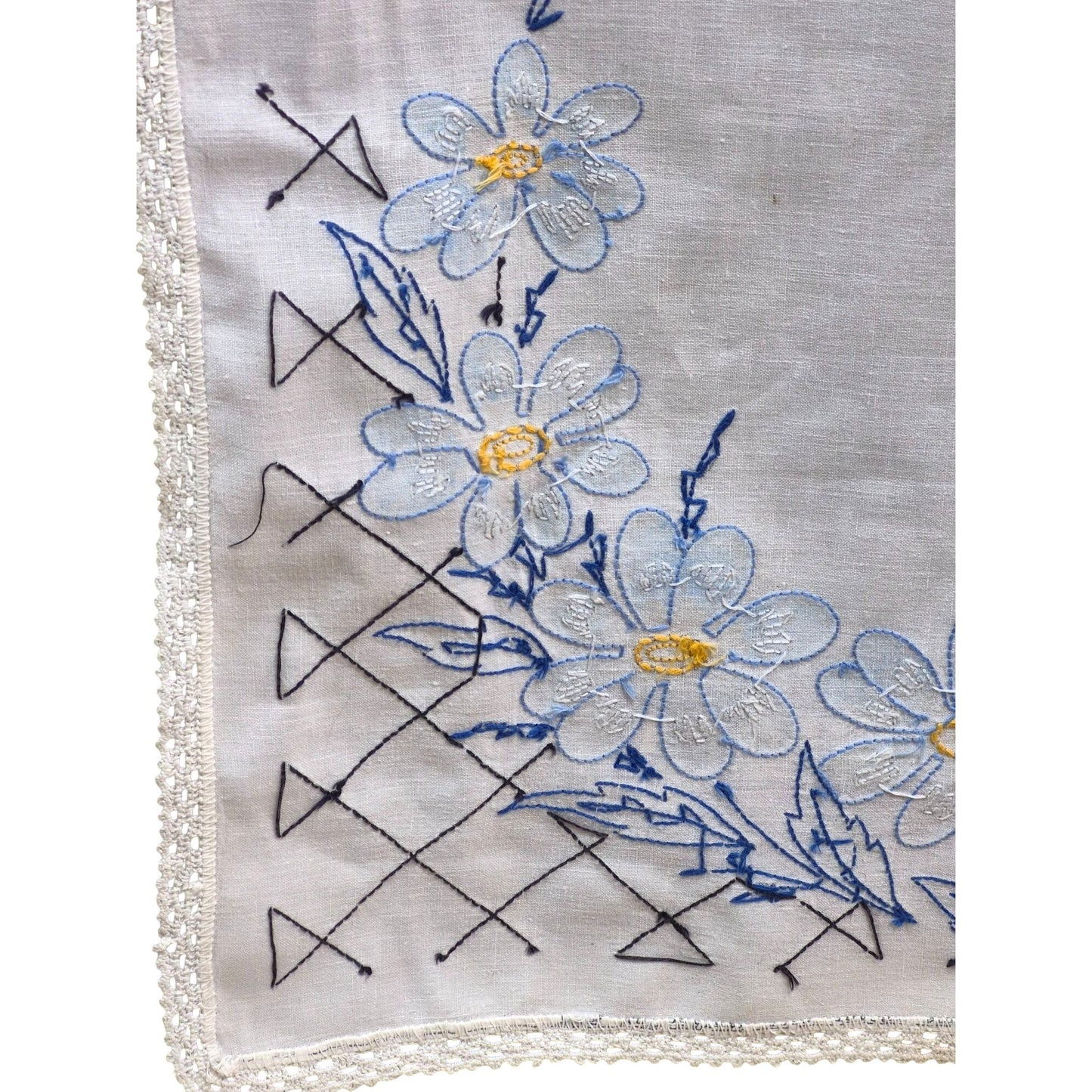 Vintage Embroidered Linen Dresser Scarf Floral Table Runner Blue Flowers & Lace Trim
