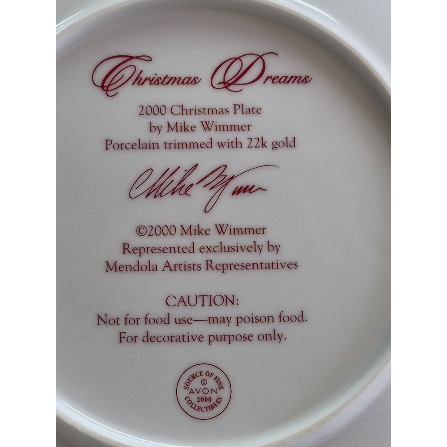 2000 Avon Christmas Dreams Decorative Plate By Mike Wimmer 22K Gold Trim Porcelain Collectible