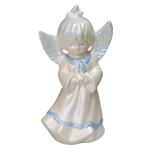 Vintage Ceramic Angel Figurine With Bird Blue White