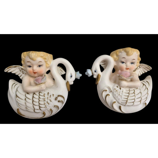 Vintage Angel Cherub Gold Swan Wall Pocket Planter Set 2