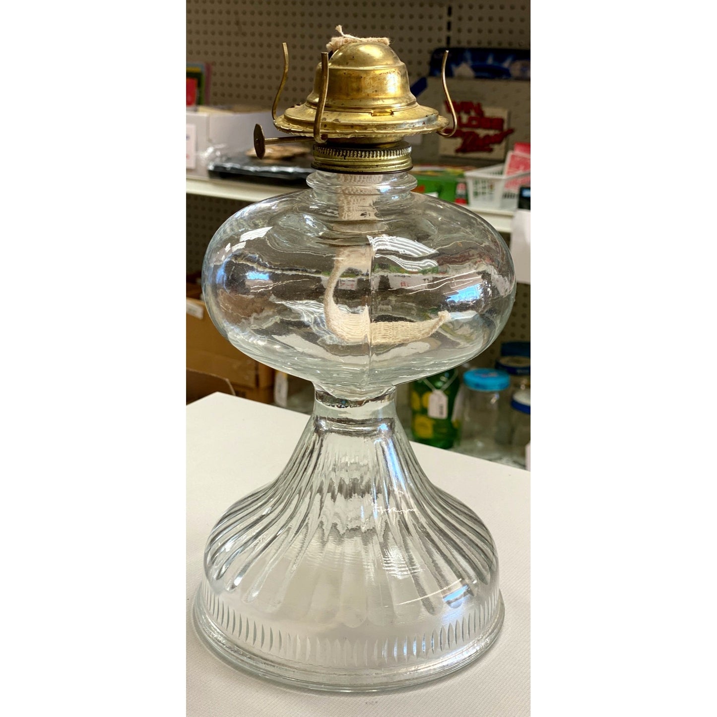 Antique Clear Glass Oil Lamp Eagle Brass Burner P&A Mfg Co 11” Vintage