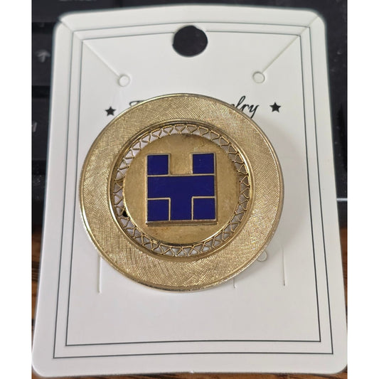 Vintage Gold-Tone Blue Enamel Round Brooch Pin With Intricate Filigree Design