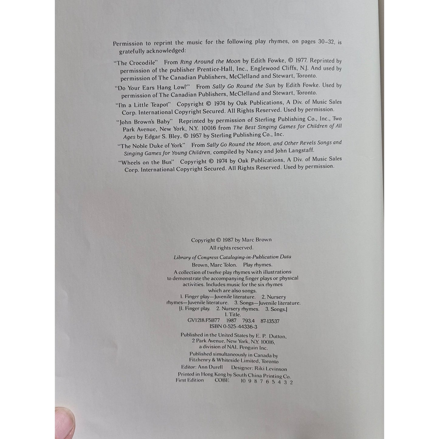 Play Rhymes By Marc Brown Hardcover First Edition 1987 Nursery Rhymes & Songs For Kids With Illustrations