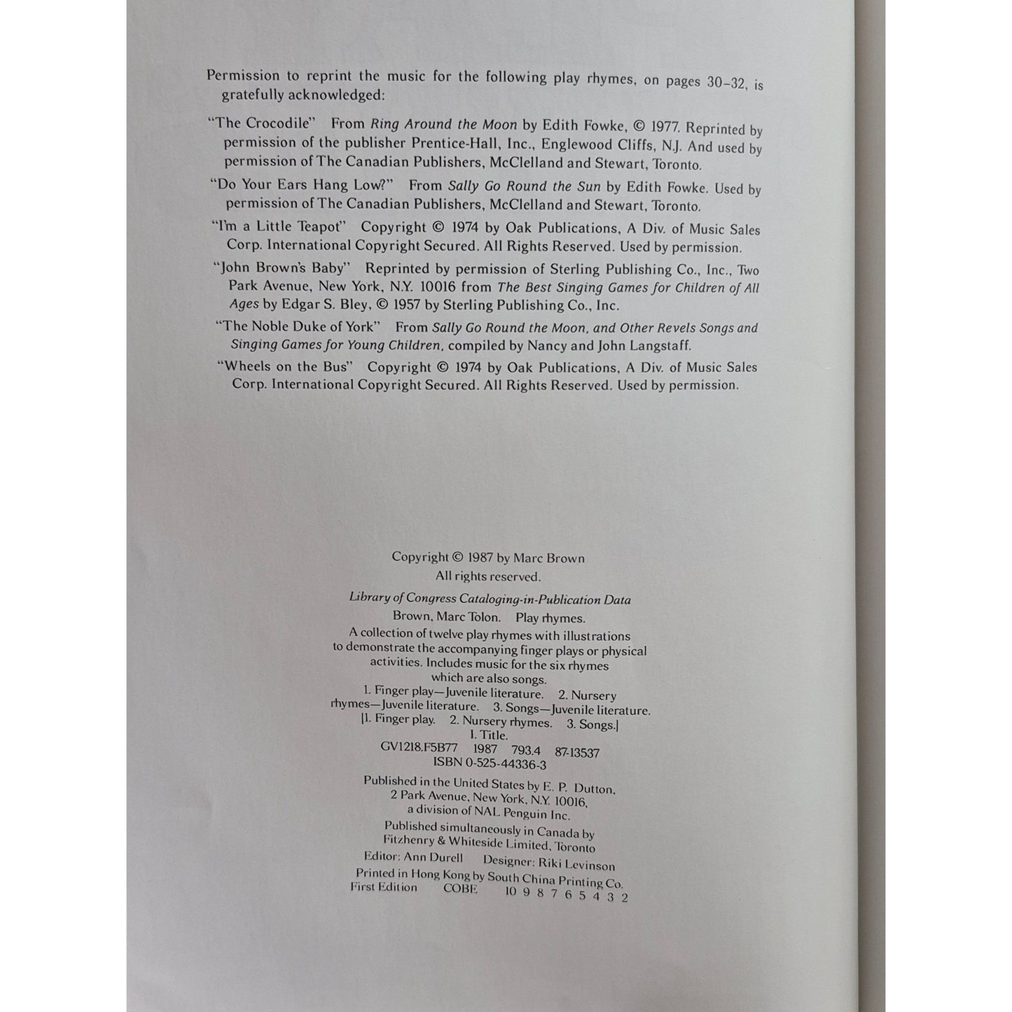 Play Rhymes By Marc Brown Hardcover First Edition 1987 Nursery Rhymes & Songs For Kids With Illustrations