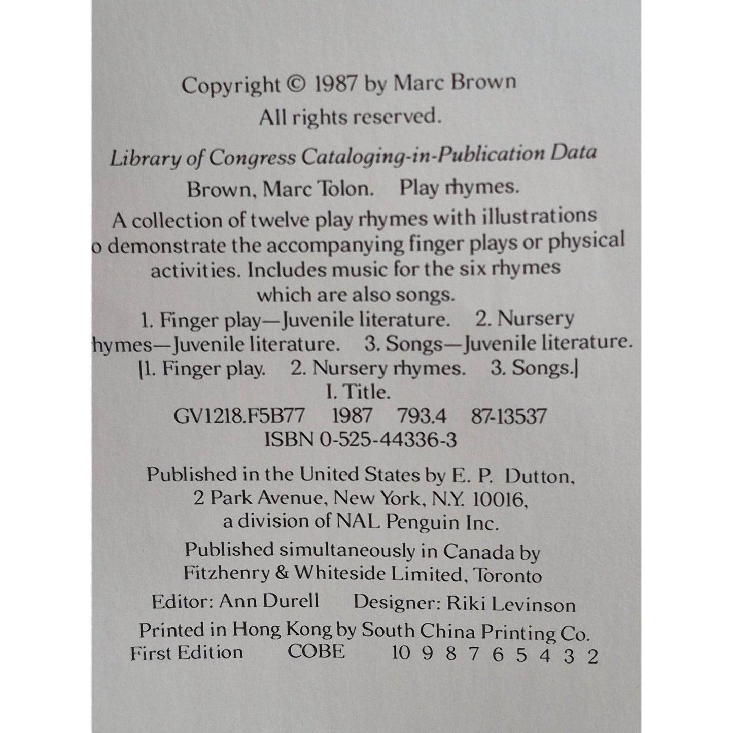 Play Rhymes By Marc Brown Hardcover First Edition 1987 Nursery Rhymes & Songs For Kids With Illustrations