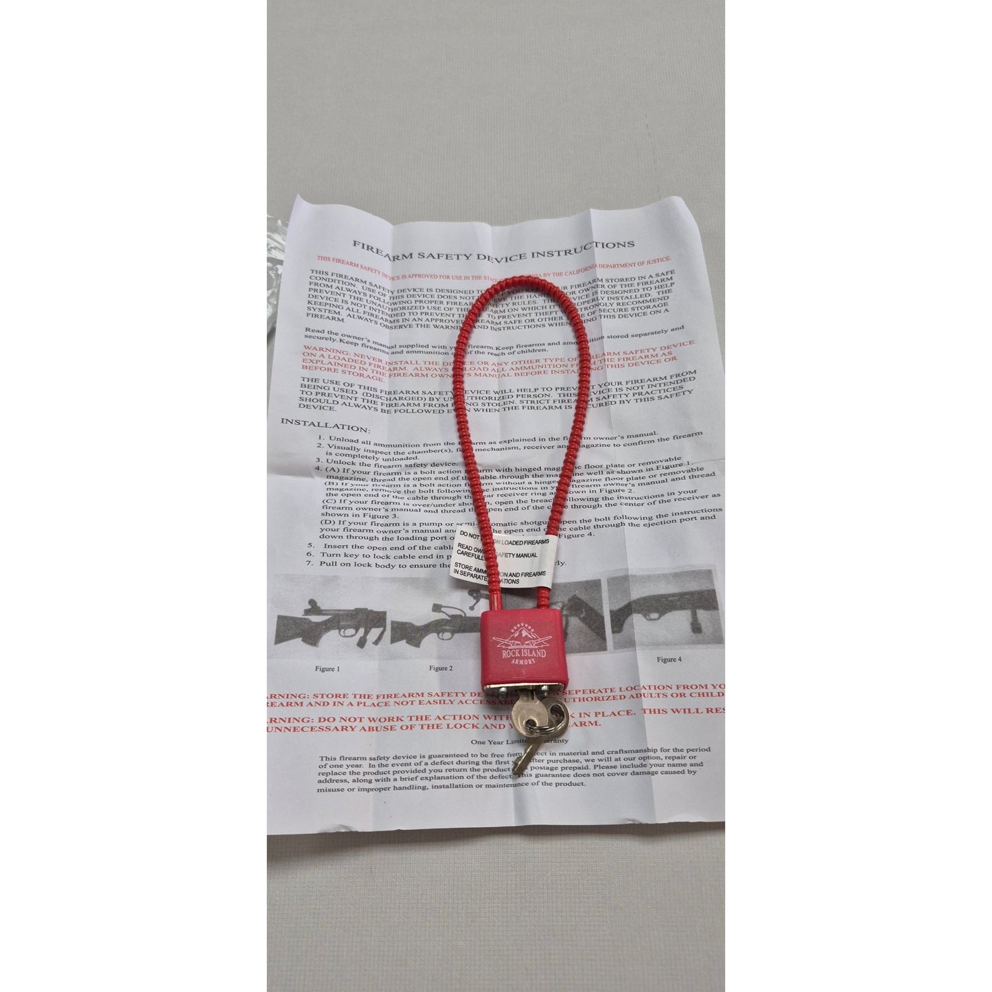 Rock Island Armory Firearm Safety Cable Lock W/ Keys 30mm Red