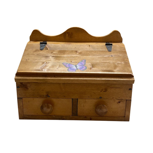 Handmade Wood Organizer Box Butterfly Lid Hinged Top & 2 Drawers Rustic