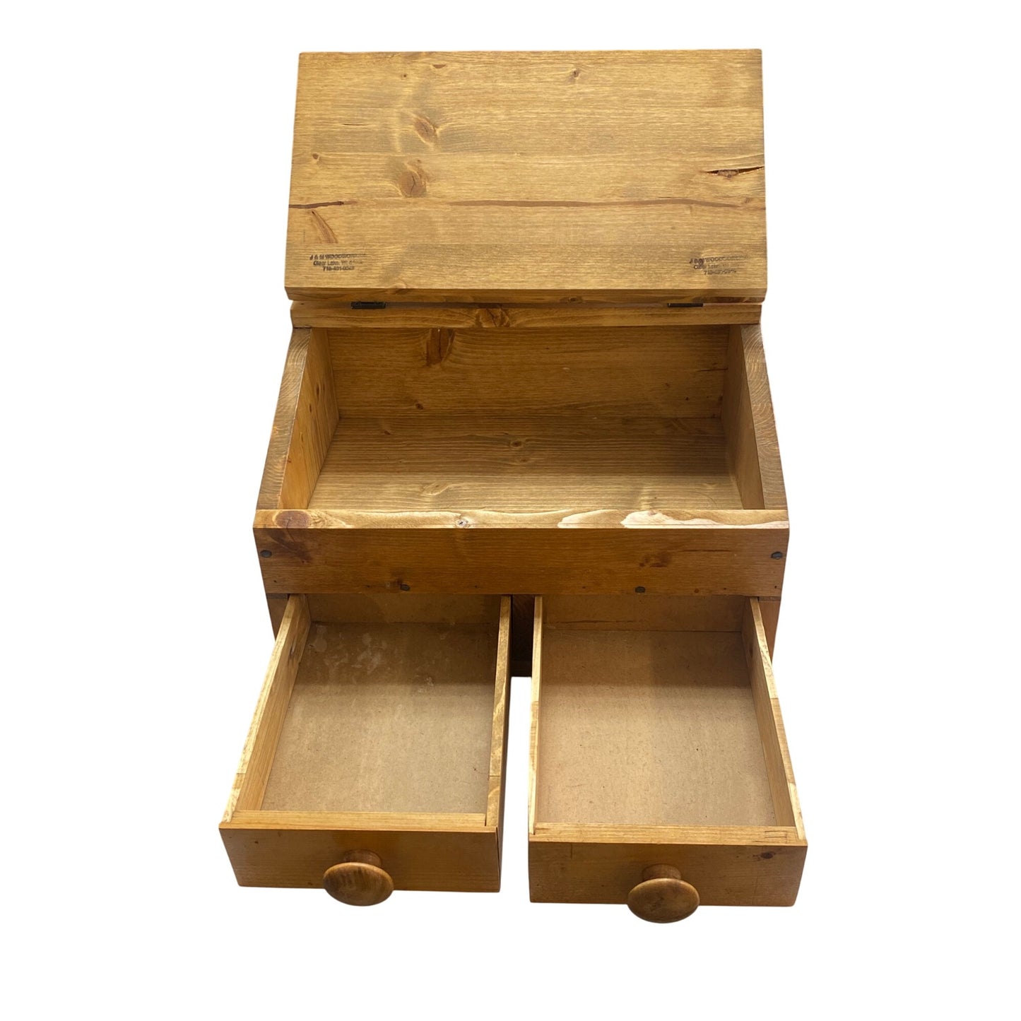 Handmade Wood Organizer Box Butterfly Lid Hinged Top & 2 Drawers Rustic