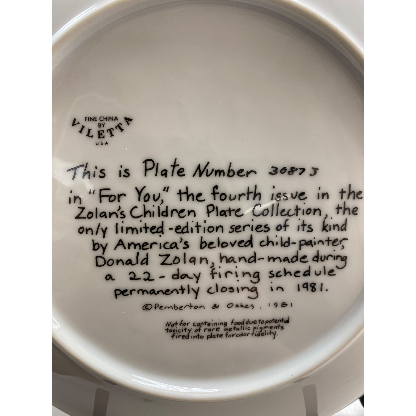 Donald Zolan "For You" Limited Edition Collector Plate Fine China 1981 Zolans Children Plate Collection