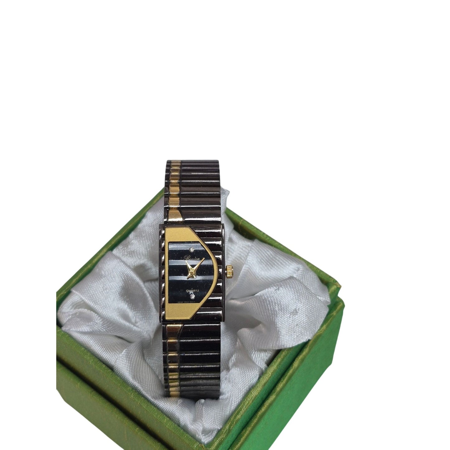Ladies Vintage Ronica Quartz Wristwatch With New Battery Stainless Steel Band Black & Gold Design In Box