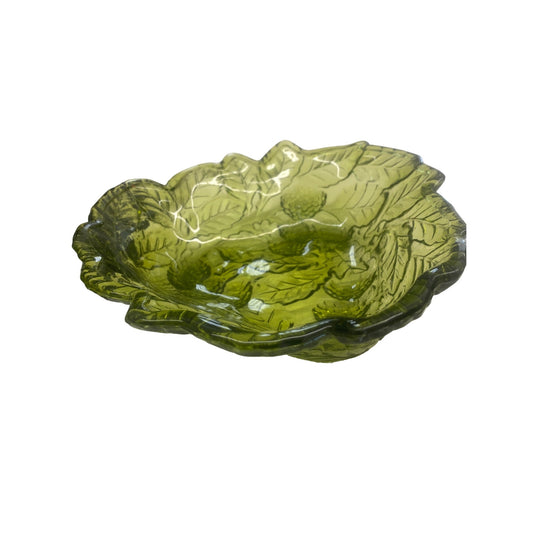 Green Depression Glass Berry Bowl With Leaf & Fruit Design