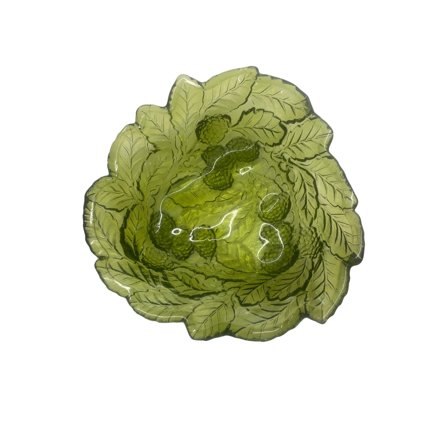 Green Depression Glass Berry Bowl With Leaf & Fruit Design