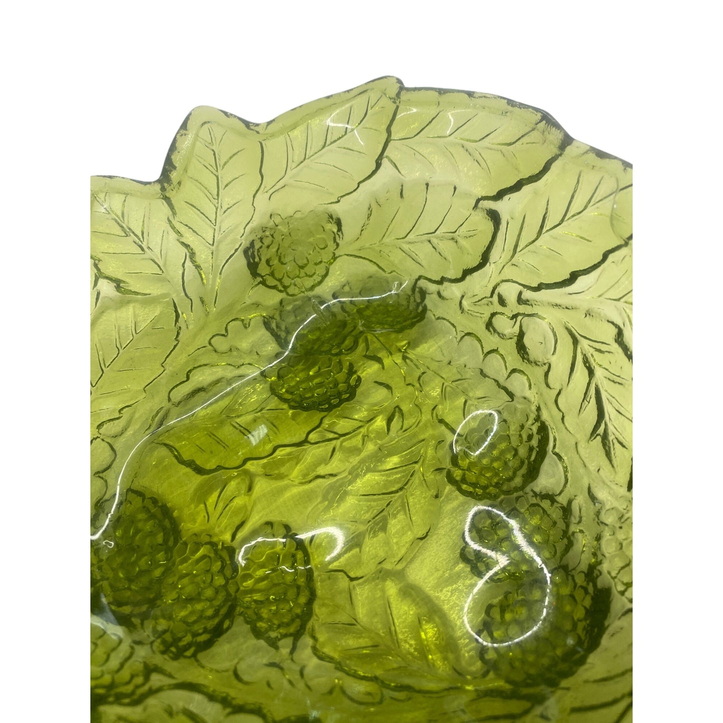 Green Depression Glass Berry Bowl With Leaf & Fruit Design