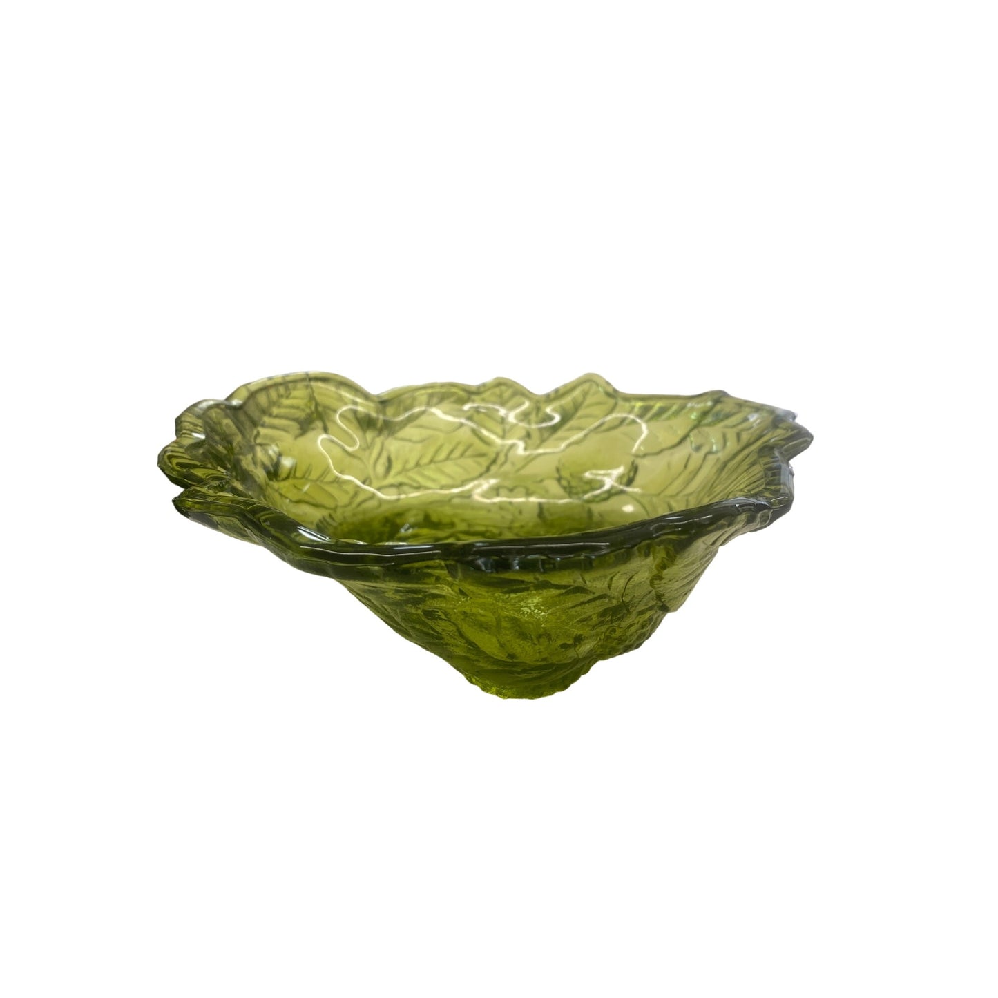 Green Depression Glass Berry Bowl With Leaf & Fruit Design