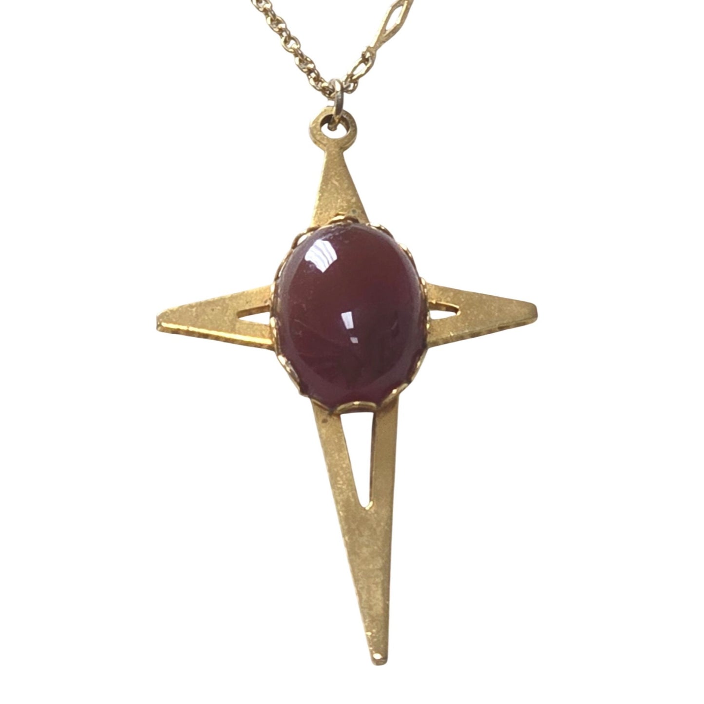 Vintage Gold Tone Starburst Pendant Necklace w Carnelian‑Tone Cabochon Center