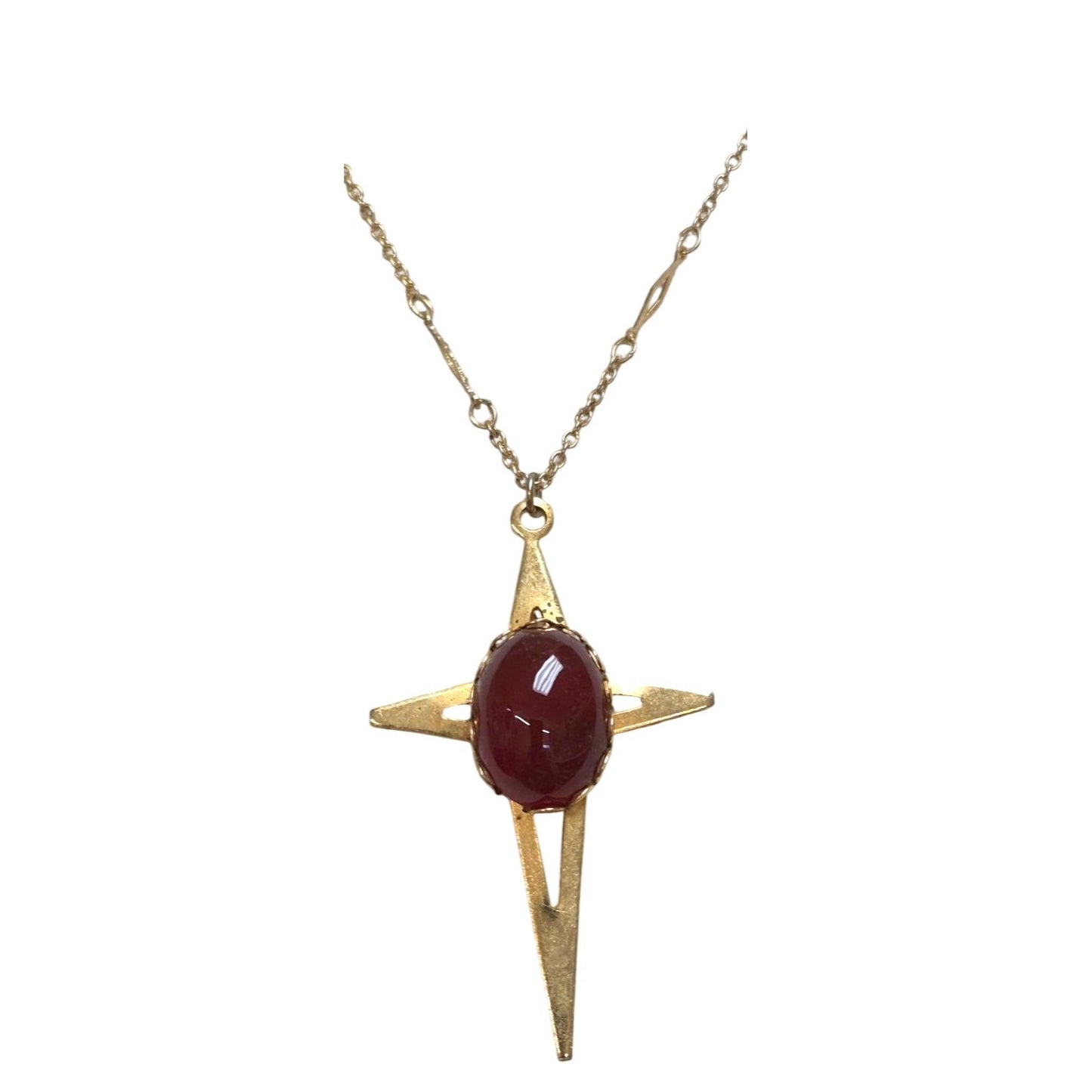 Vintage Gold Tone Starburst Pendant Necklace w Carnelian‑Tone Cabochon Center