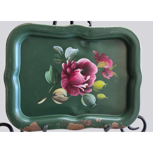Vintage Nashco Metal Tray Green Hand-Painted Rose Restore Project