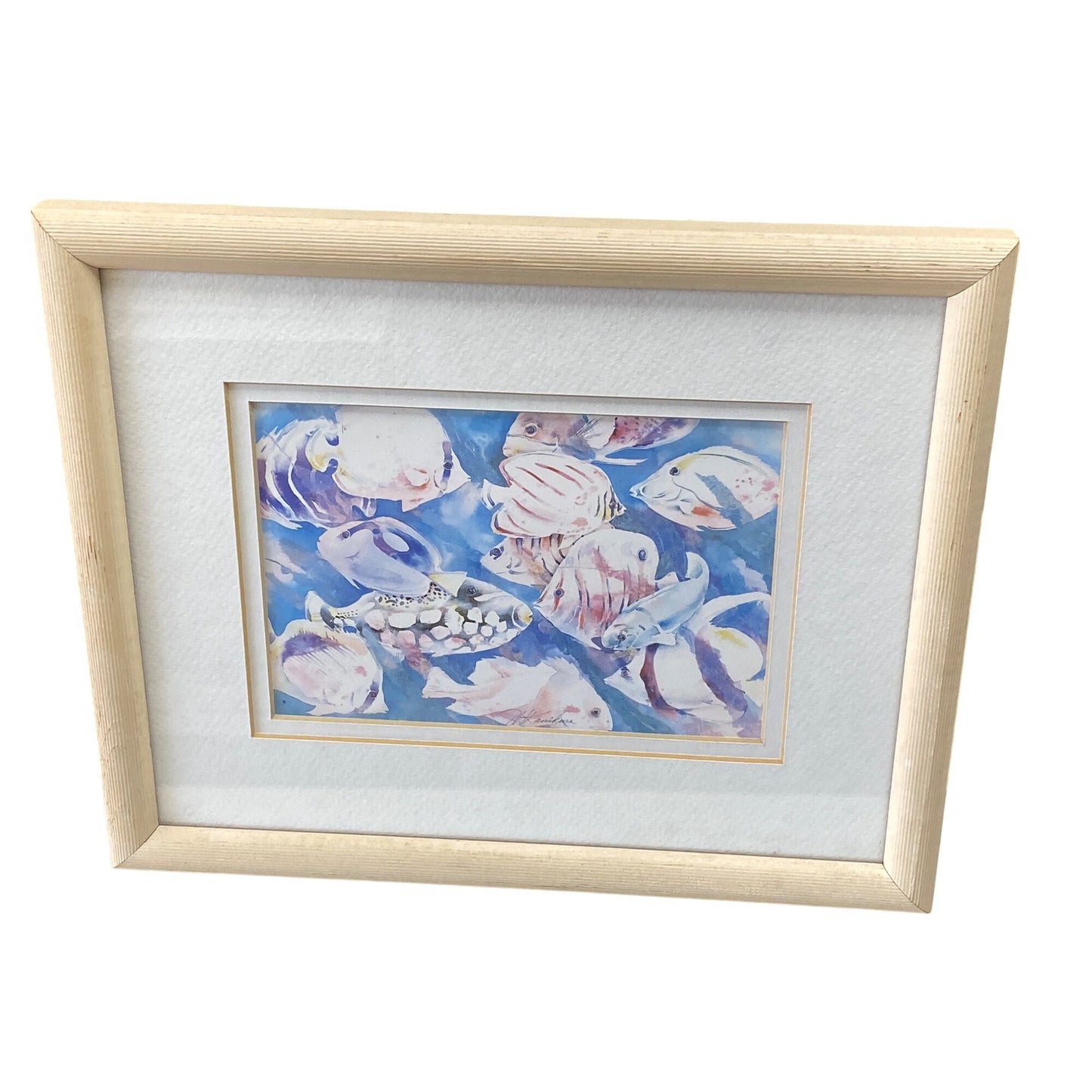 Framed Fish Watercolor Print By J.H. Kamikura 11”x9” With Light Wood Frame