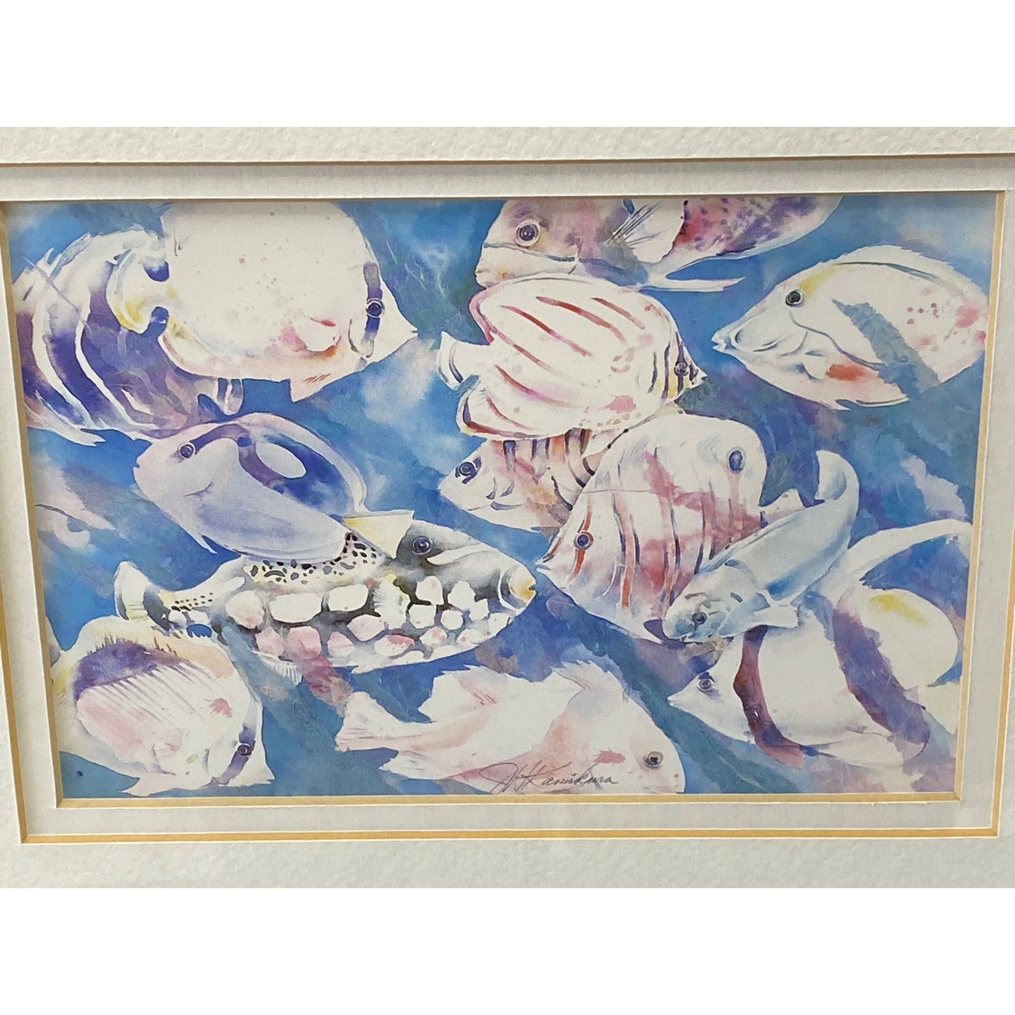 Framed Fish Watercolor Print By J.H. Kamikura 11”x9” With Light Wood Frame