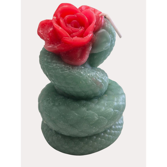 Green Snake Candle With Red Rose Design Handmade